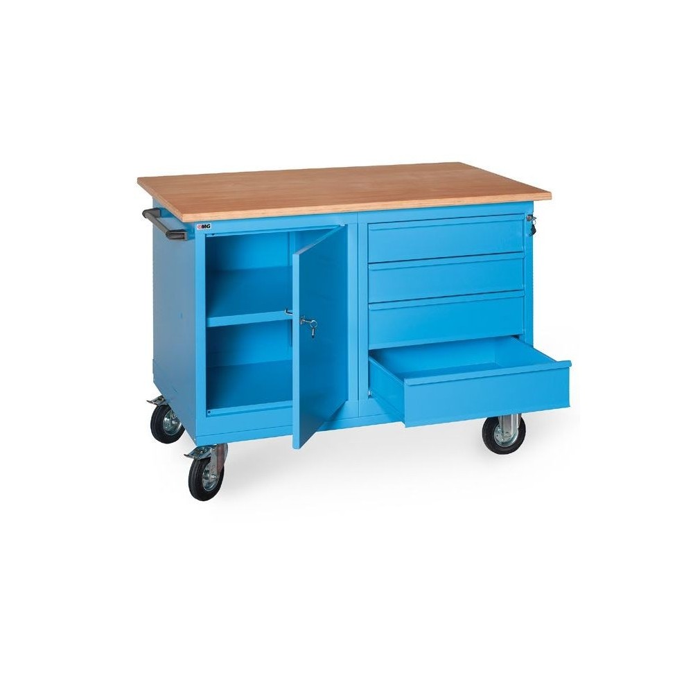 XLM120 02 MONOBLOC BENCH ON WHEELS WOODEN TOP 4 DRAWERS AND 1 DOOR MM1200X700X905H MG XL SERIES Dinamitek 2