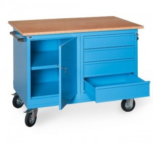 XLM120 02 MONOBLOC BENCH ON WHEELS WOODEN TOP 4 DRAWERS AND 1 DOOR MM1200X700X905H MG XL SERIES Dinamitek 2