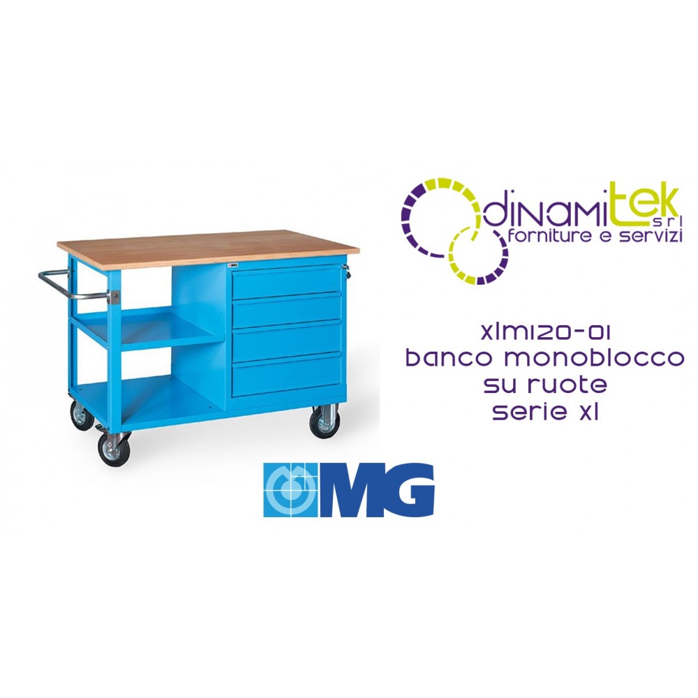 XLM120 01 MONOBLOCK-THEKE AUF RäDERN HOLZPLATTE 4 SCHUBLADEN UND 1 FACH MM1200X700X905H MG XL-SERIE Dinamitek 1