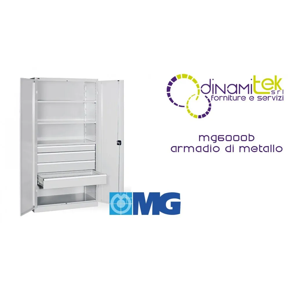 MG6000B ARMARIO CON PUERTAS CON CERRADURA DE VARILLA CON 3 BALDAS REGULABLES GALVANIZADAS Y 4 CAJONES INTERIORES MM 1023X555X200 Dinamitek 1