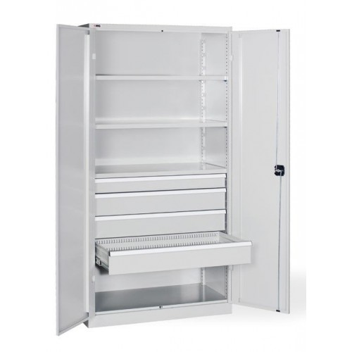 MG6000B ARMARIO CON PUERTAS CON CERRADURA DE VARILLA CON 3 BALDAS REGULABLES GALVANIZADAS Y 4 CAJONES INTERIORES MM 1023X555X200 Dinamitek 2