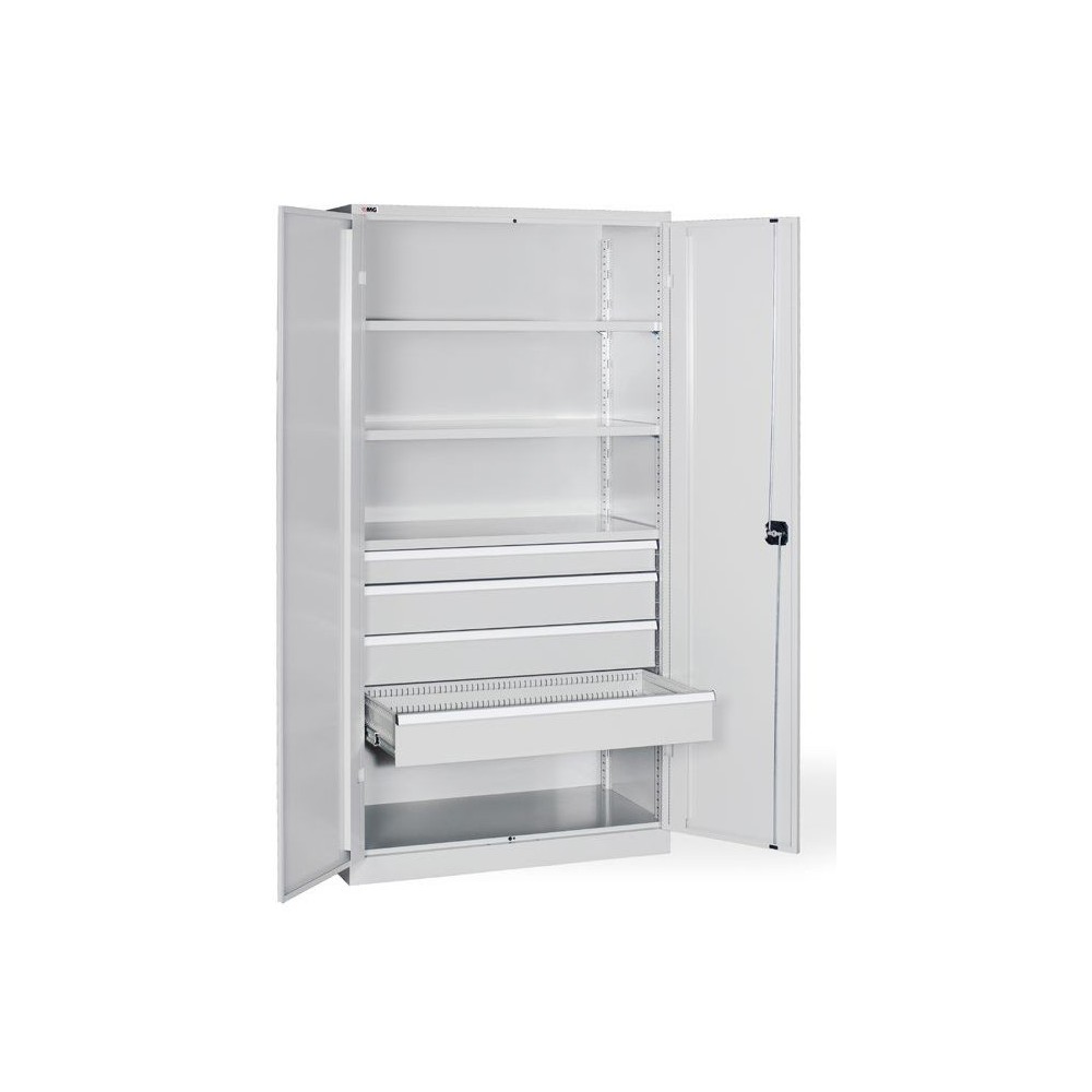 MG6000B ARMARIO CON PUERTAS CON CERRADURA DE VARILLA CON 3 BALDAS REGULABLES GALVANIZADAS Y 4 CAJONES INTERIORES MM 1023X555X200 Dinamitek 2