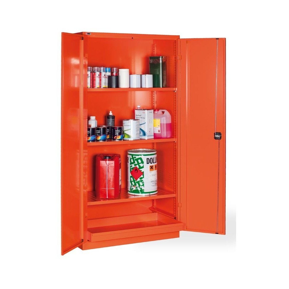 MG271 ARMARIO PARA ALMACENAMIENTO DE PRODUCTOS INFLAMABLES Y OXIDANTES CON 3 ESTANTES PERFORADOS Y TANQUE DE RECOGIDA MM 1023X55 Dinamitek 2