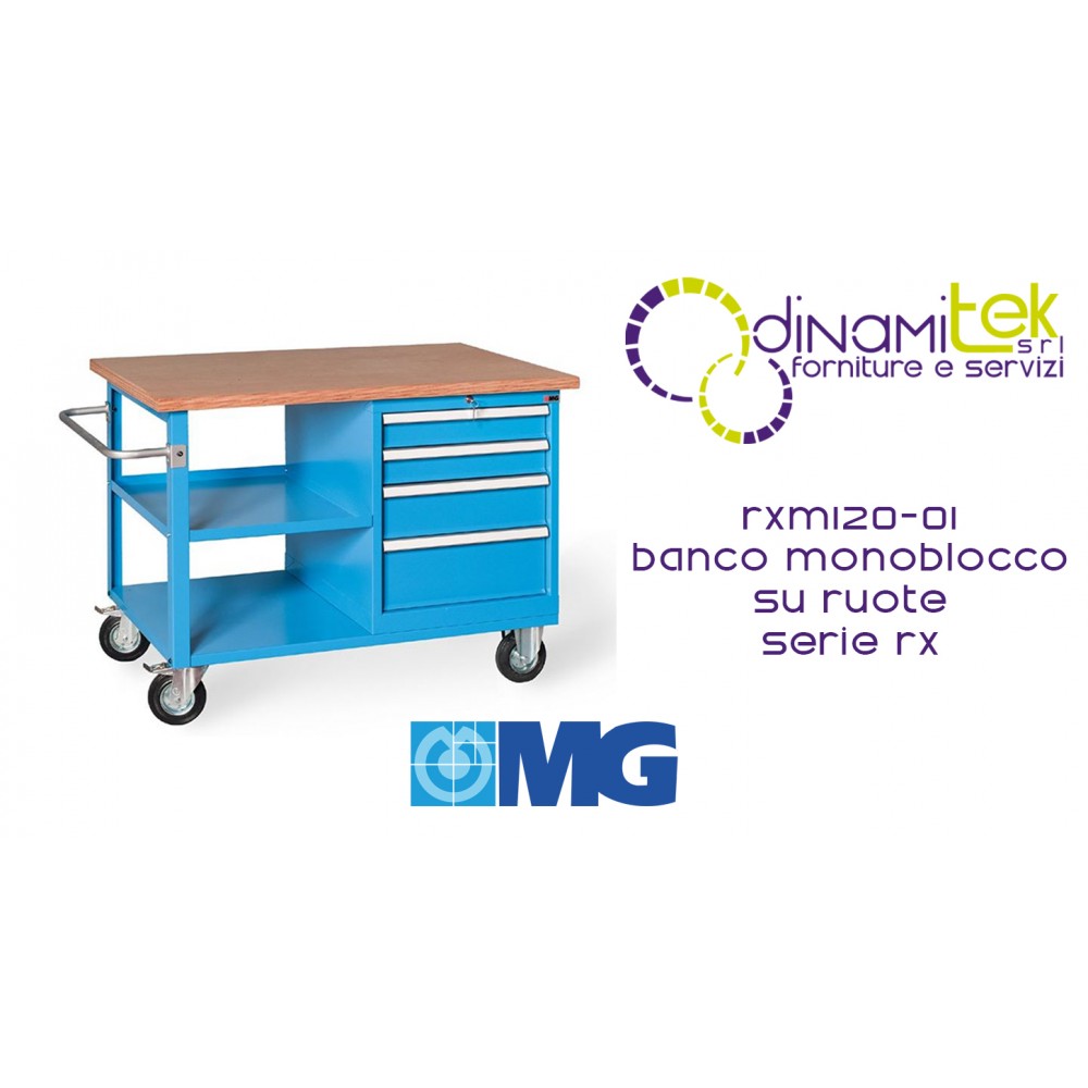 RXM120 01 BANCO MONOBLOQUE CON RUEDAS TAPA DE MADERA 4 CAJONES MM1200X700X895H SERIE MG RX Dinamitek 1