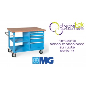 RXM120 01 BANC MONOBLOC SUR ROULETTES PLATEAU BOIS 4 TIROIRS MM1200X700X895H SéRIE MG RX Dinamitek 1