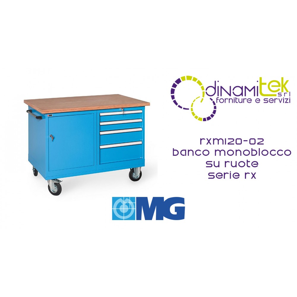 RXM120 02 BANCO MONOBLOQUE CON RUEDAS TAPA DE MADERA 4 CAJONES Y 1 PUERTA MM1200X700X895H SERIE MG RX Dinamitek 1