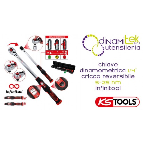 KS TOOLS 516.9012 CHIAVE DINAMOMETRICA 1/4" A CRICCO REVERSIBILE 5-25 Nm INFINITOOL Dinamitek 1