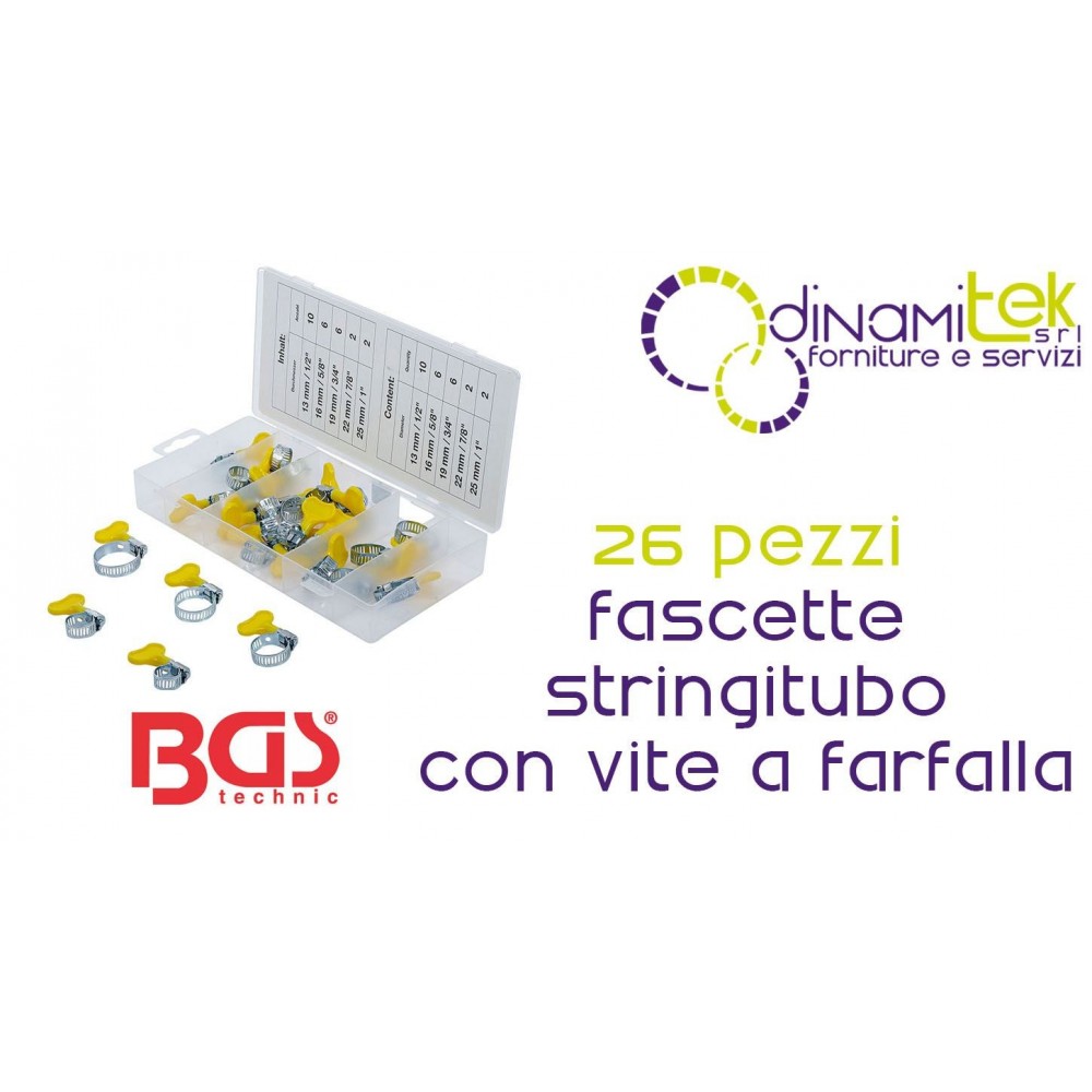 BGS technic BGS80859 ASSORTIMENTO 26 PEZZI FASCETTE STRINGITUBO CON VITE A FARFALLA Dinamitek 1