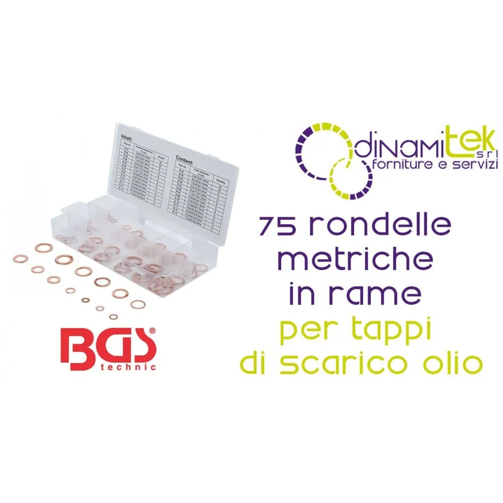 BGS8132 ASSORTIMENTO 75 PEZZI, RONDELLE IN RAME, MISURE METRICHE, PER TAPPI DI SCARICO OLIO BGS TECHNIC Dinamitek 1