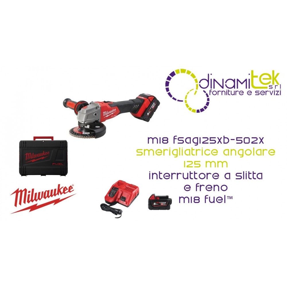 MEULEUSE D'ANGLE M18 FUEL 125 MM AVEC FREIN RAPIDSTOP, 1200 W (4933478430), KIT 5,0 AH Dinamitek 1