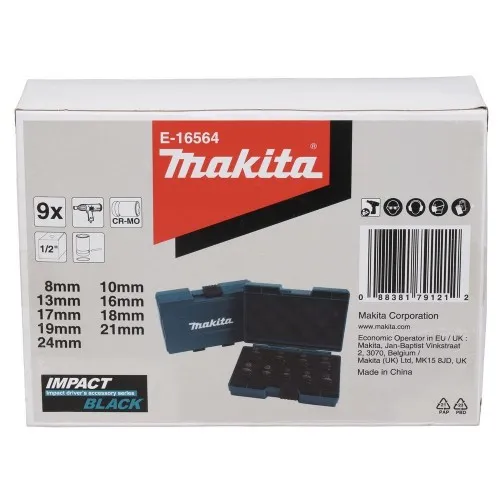 MAKITA E-16564 - SET OF 9 IMPACT SOCKET WRENCHES, BLACK - 1/2&QUOT; SQUARE DRIVE Dinamitek 8