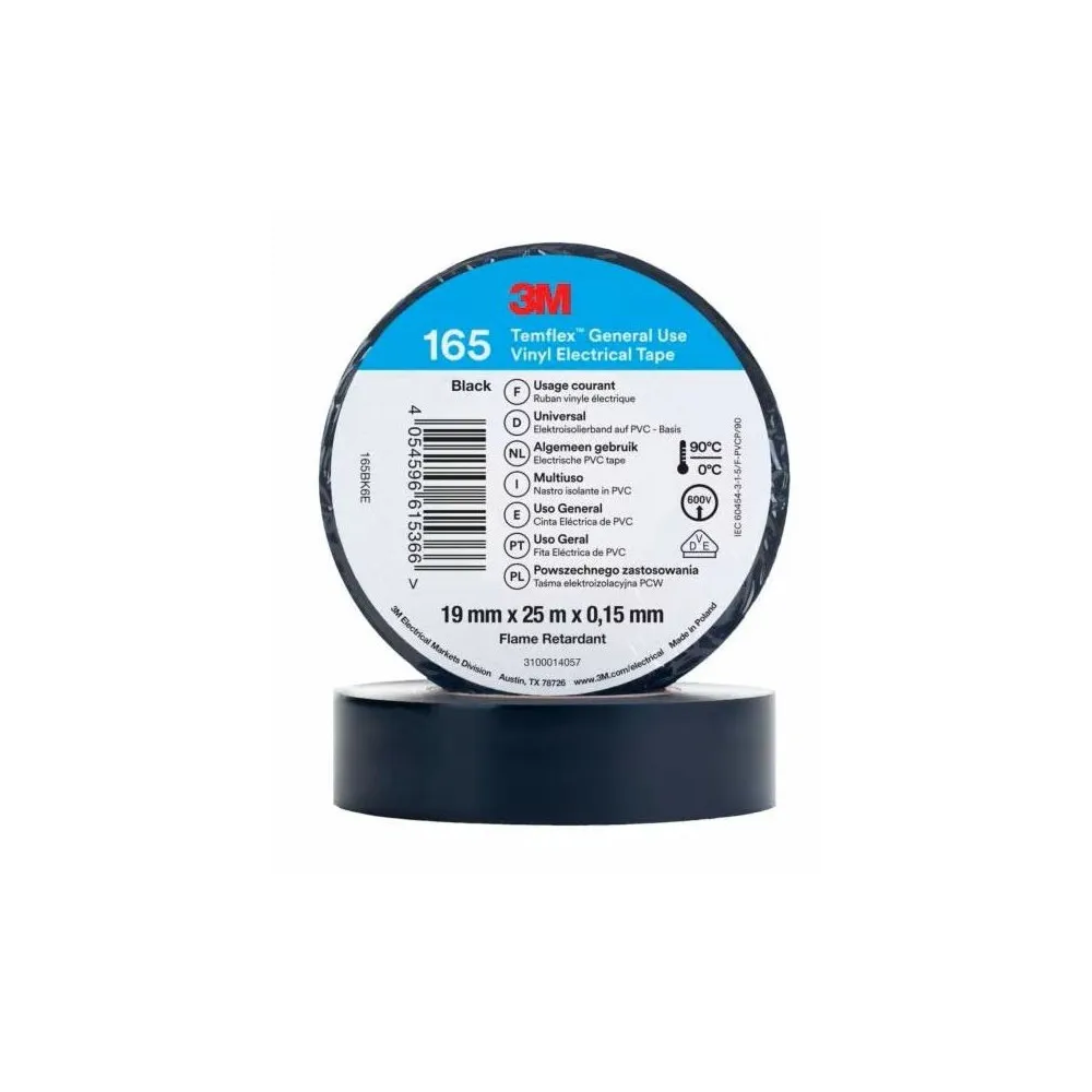 3M TEMFLEX 165 NASTRO ISOLANTE IN VINILE NERO 19 MM X 25 M Dinamitek 2