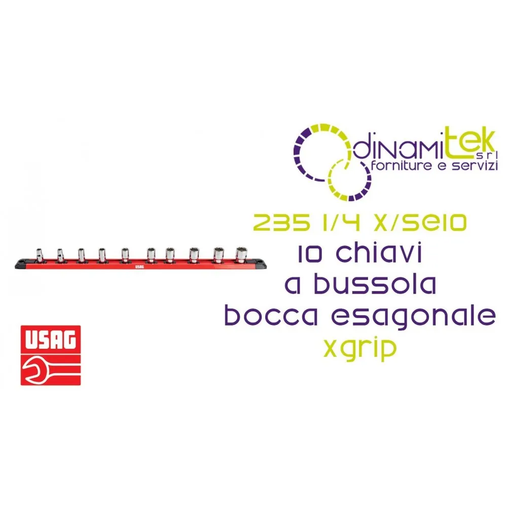 U02350500 235 1/4 X/SE10 SERIE DI 10 CHIAVI A BUSSOLA CON BOCCA ESAGONALE SPECIALE X-GRIP USAG Dinamitek 1