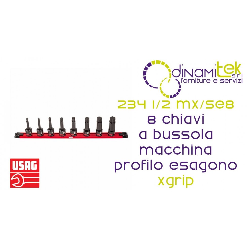 U02340850 234 1/2 MX/SE8 SERIE DI 8 CHIAVI A BUSSOLA MACCHINA CON PROFILO ESAGONO SPECIALE X-GRIP USAG PER VITI CON ESAGONO INCASSATO Dinamitek 1