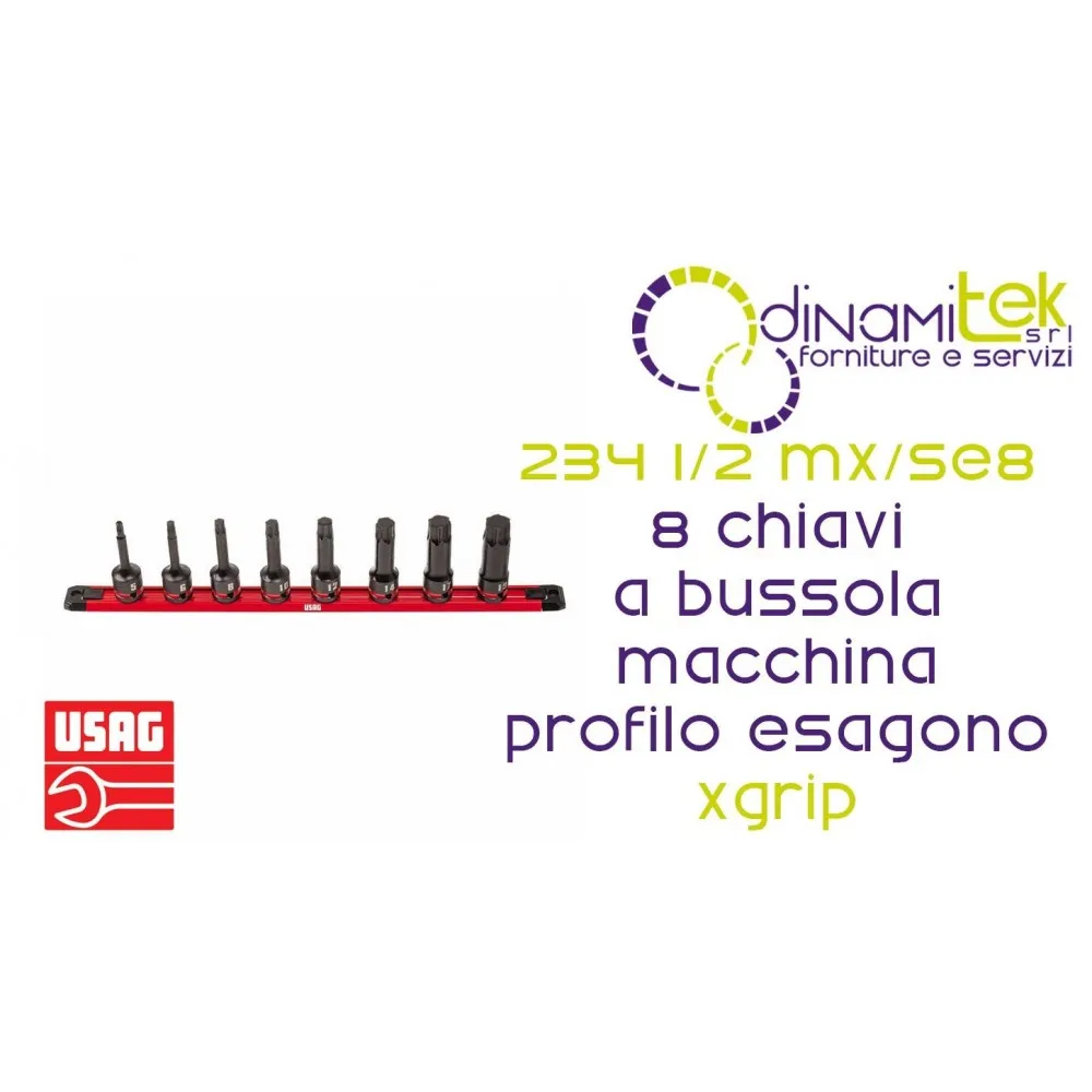 U02340850 234 1/2 MX/SE8 SERIE DI 8 CHIAVI A BUSSOLA MACCHINA CON PROFILO ESAGONO SPECIALE X-GRIP USAG PER VITI CON ESAGONO INCASSATO Dinamitek 1