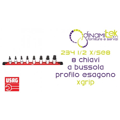 U02342150 234 1/2 X/SE8 SERIE DI 8 CHIAVI A BUSSOLA CON PROFILO ESAGONO SPECIALE X-GRIP USAG PER VITI CON ESAGONO INCASSATO Dinamitek 1