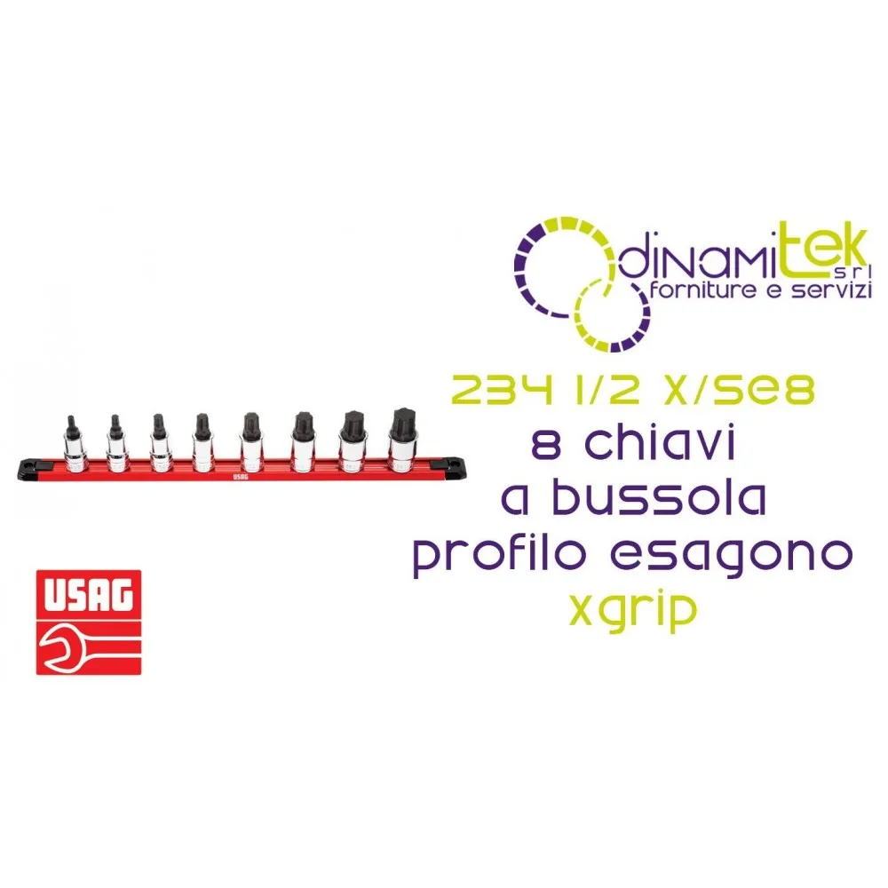 U02342150 234 1/2 X/SE8 SERIE DI 8 CHIAVI A BUSSOLA CON PROFILO ESAGONO SPECIALE X-GRIP USAG PER VITI CON ESAGONO INCASSATO Dinamitek 1