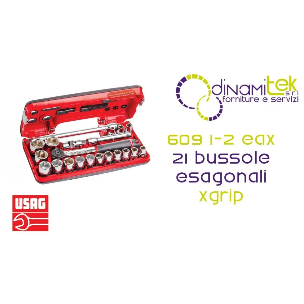 U06090027 609 1/2 EAX ASSORTIMENTO IN CASSETTA BIMATERIALE CON BUSSOLE ESAGONALI X-GRIP (21 PZ) USAG Dinamitek 1