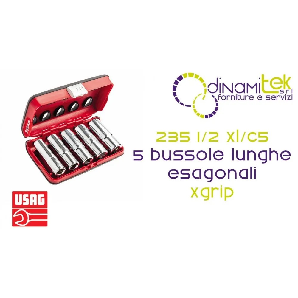 U02353900 235 1/2 XL/C5 ASSORTIMENTO IN CASSETTA BIMATERIALE CON BUSSOLE LUNGHE CON BOCCA ESAGONALE SPECIALE X-GRIP (5 PZ) USAG Dinamitek 1
