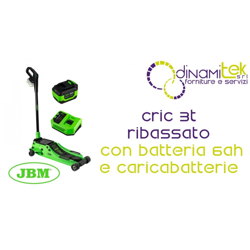 JBM PROMO-60065 CRIC IDRAULICO A CARRELLO 3T A PROFILO BASSO CON BATTERIA 6Ah E CARICABATTERIE Dinamitek 1