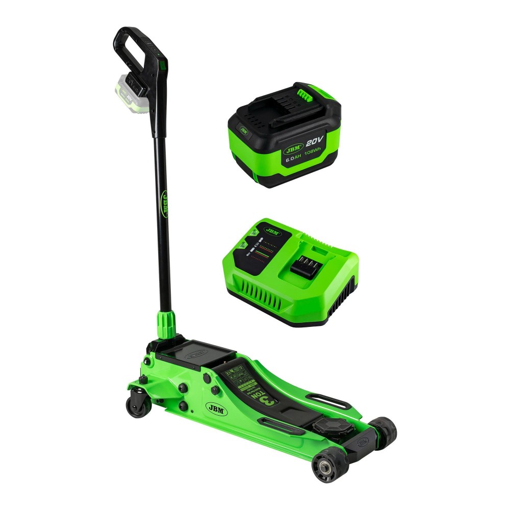 JBM PROMO-60065 CRIC IDRAULICO A CARRELLO 3T A PROFILO BASSO CON BATTERIA 6Ah E CARICABATTERIE Dinamitek 2