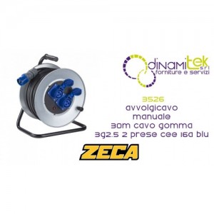 ZECA 3526 AVVOLGICAVO MANUALE 30M CAVO GOMMA 3G2.5 2 PRESE CEE 16A BLU Dinamitek 1