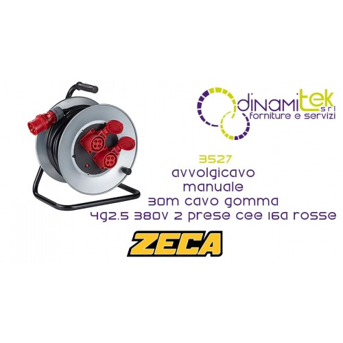 ZECA 3527 AVVOLGICAVO MANUALE 30M CAVO GOMMA 4G2.5 380V 2 PRESE CEE 16A ROSSE Dinamitek 1