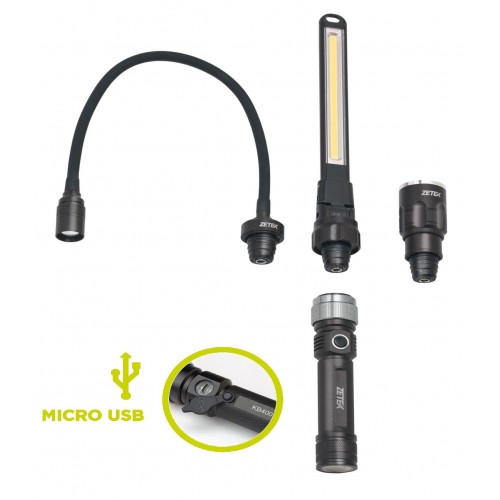 KB400 LAMPADA RICARICABILE A 3 TESTE: TORCIA, COB E SNODATA. CON CARICABATTERIE USB 100-240V ZETEK Dinamitek 3
