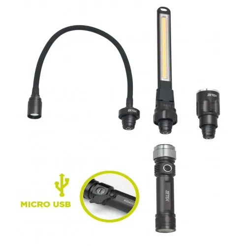 KB400 LAMPADA RICARICABILE A 3 TESTE: TORCIA, COB E SNODATA. CON CARICABATTERIE USB 100-240V ZETEK Dinamitek 3