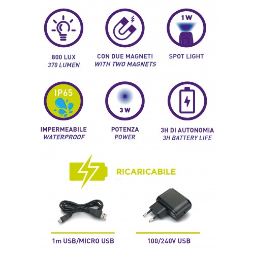 KB145 LAMPADA RICARICABILE IP65 CON COB LED(3W) + 1 W SPOT LED. CON CARICABATTERIE USB 100-240V ZETEK Dinamitek 4