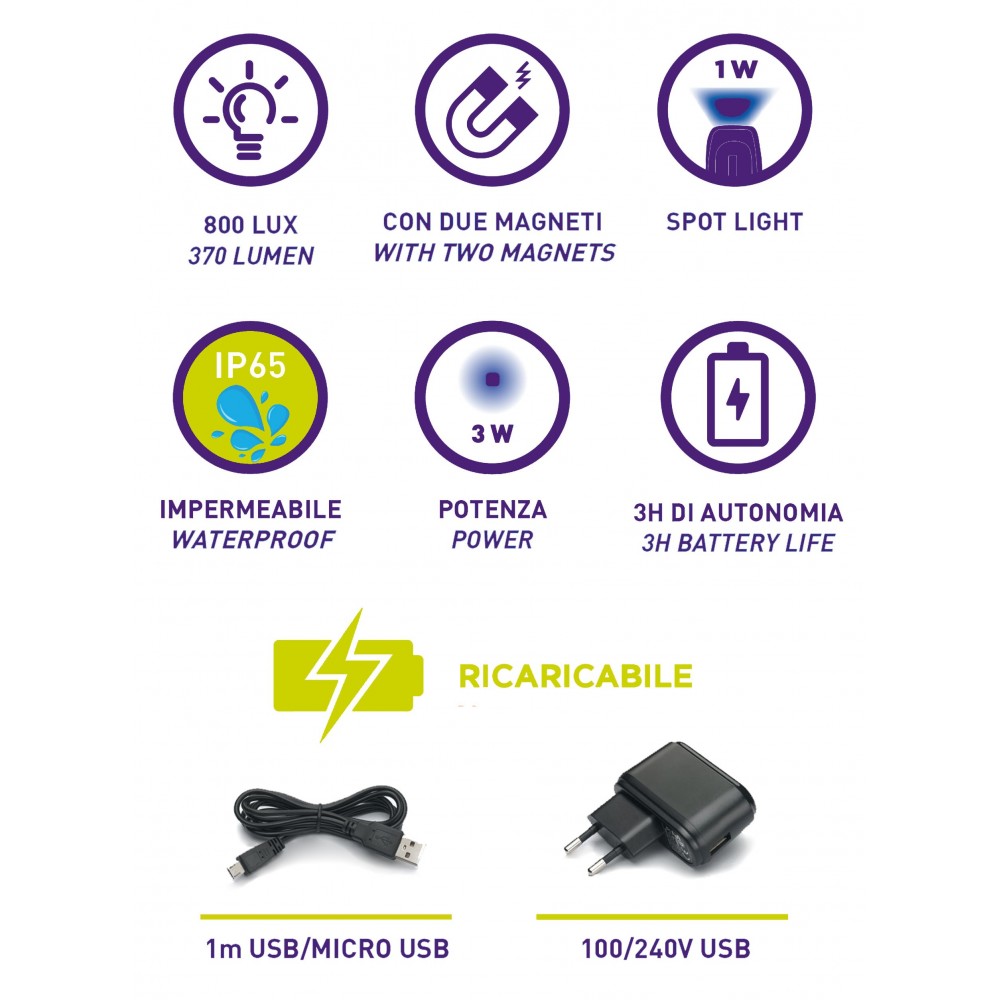 KB145 LAMPADA RICARICABILE IP65 CON COB LED(3W) + 1 W SPOT LED. CON CARICABATTERIE USB 100-240V ZETEK Dinamitek 4