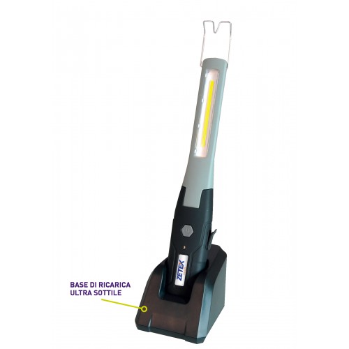 KB125 LAMPADA RICARICABILE CON COB LED(3W) + 1 W SPOT LED. CON BASE DI RICARICA E CARICABATTERIE USB 100-240V ZETEK Dinamitek 2