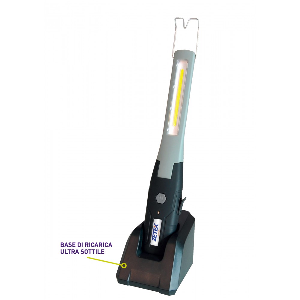 KB125 LAMPADA RICARICABILE CON COB LED(3W) + 1 W SPOT LED. CON BASE DI RICARICA E CARICABATTERIE USB 100-240V ZETEK Dinamitek 2