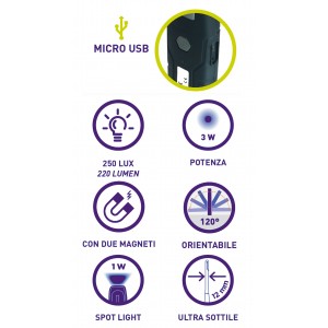 KB125 LAMPADA RICARICABILE CON COB LED(3W) + 1 W SPOT LED. CON BASE DI RICARICA E CARICABATTERIE USB 100-240V ZETEK Dinamitek 4