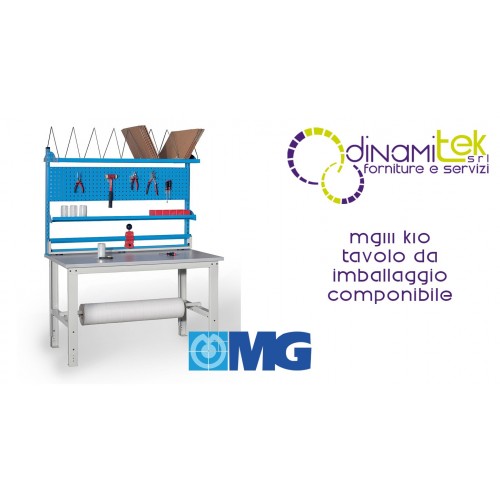 MG111 K10 BANCO DA IMBALLAGGIO COMPONIBILE CON PORTA ROTOLO E GAMBE REGOLABILI mm 2000x800x783-1153+1000h MG Dinamitek 1